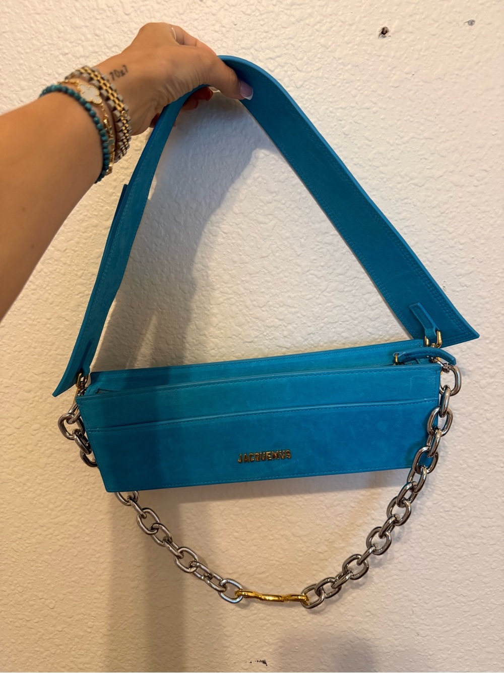 Jacquemus Turquoise Suede Shoulder Bag with Chain